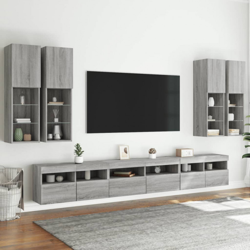 7-cz. zestaw ściennych szafek TV z LED, szary dąb sonoma