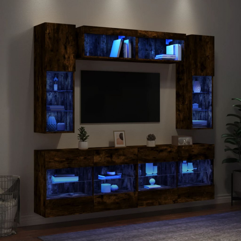 6-cz. zestaw ściennych szafek TV z LED, przydymiony dąb