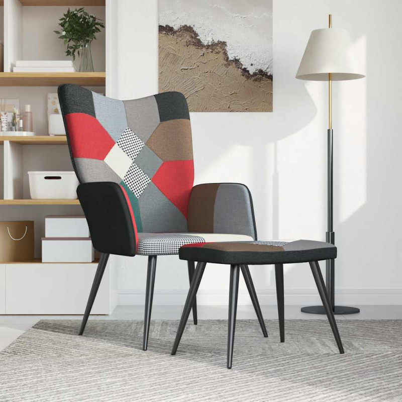 Fotel z podnóżkiem, patchwork, obity tkaniną