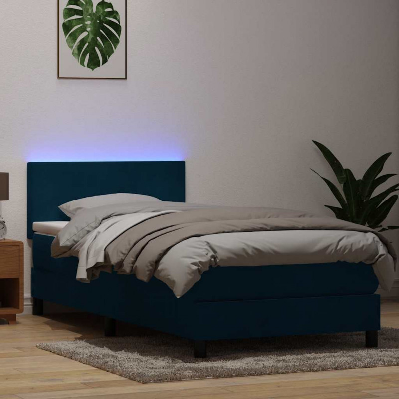 Łóżko kontynentalne z materacem i LED, niebieskie, aksamit, 90x210 cm