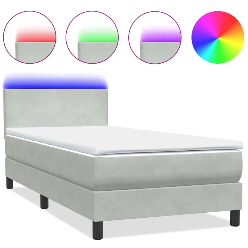 Łóżko kontynentalne z materacem i LED, jasnoszare, aksamit, 100x210cm