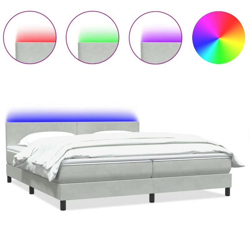 Łóżko kontynentalne z materacem i LED, jasnoszare, aksamit, 200x210cm