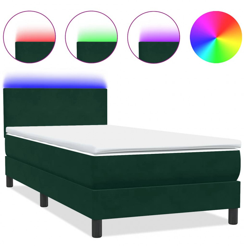 Łóżko kontynentalne z materacem i LED, ciemnozielone, 90x220 cm