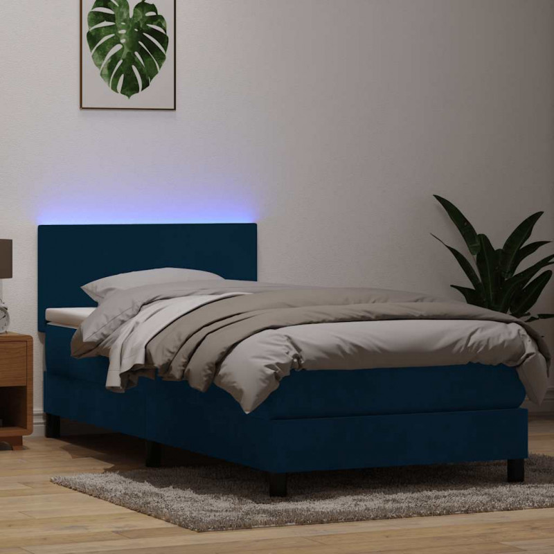 Łóżko kontynentalne z materacem i LED, ciemnoniebieskie, 100x220 cm