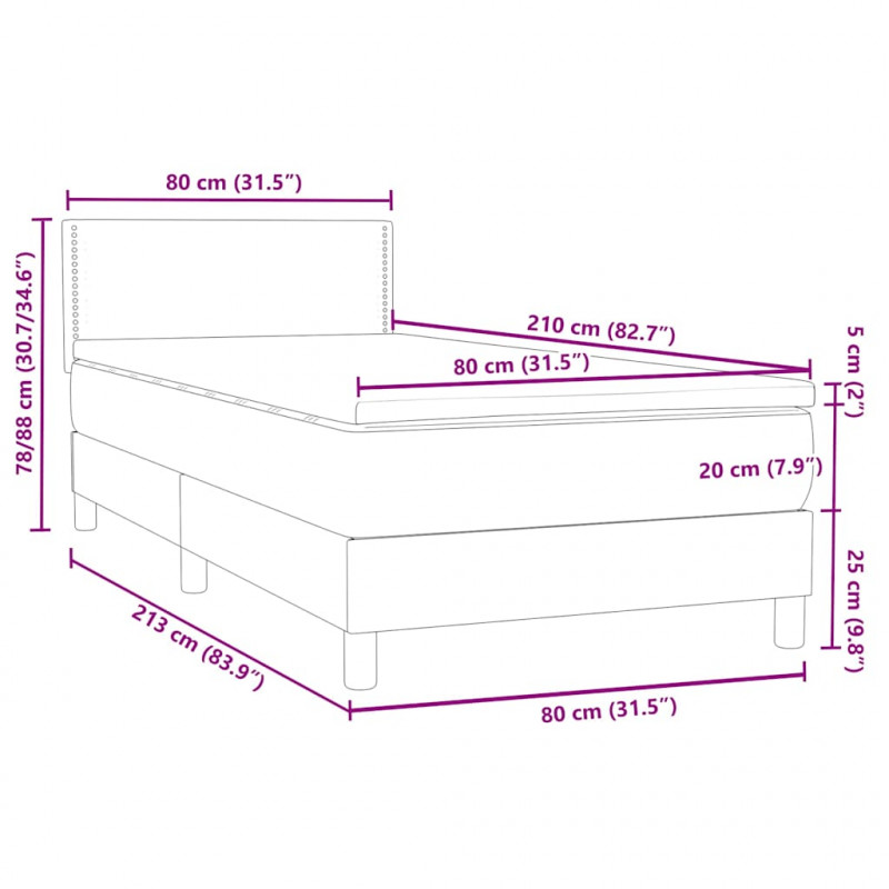 Łóżko kontynentalne z materacem i LED, ciemnoszary aksamit, 80x210 cm