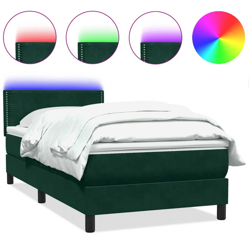 Łóżko kontynentalne z materacem i LED ciemnozielony aksamit 90x210 cm