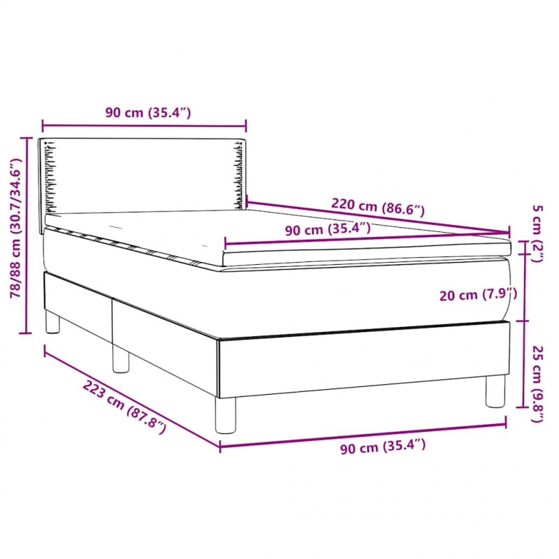 Łóżko kontynentalne z materacem i LED, ciemnozielone, 90x220 cm
