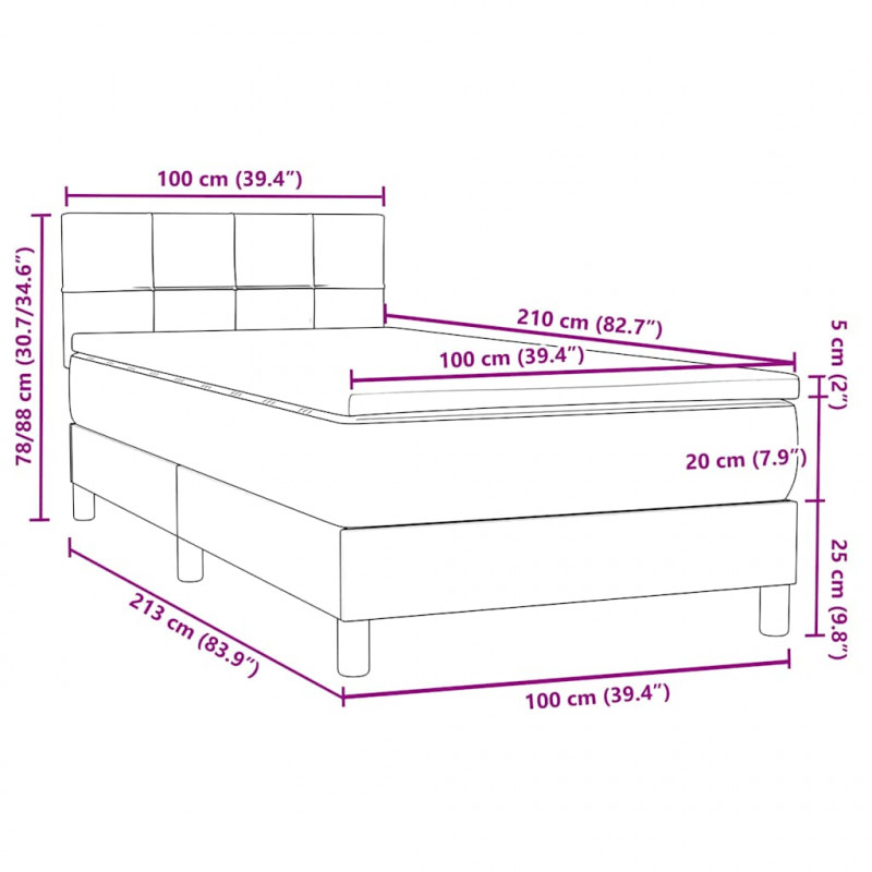 Łóżko kontynentalne z materacem i LED, jasnoszare, aksamit, 100x210cm