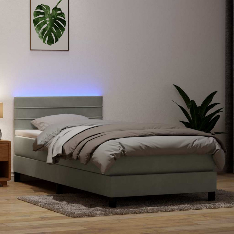 Łóżko kontynentalne z materacem i LED, jasnoszare, aksamit, 100x210cm