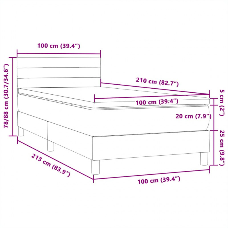 Łóżko kontynentalne z materacem i LED, jasnoszare, aksamit, 100x210cm