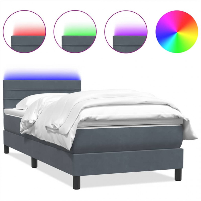 Łóżko kontynentalne z materacem i LED, ciemnoszary aksamit, 100x210cm
