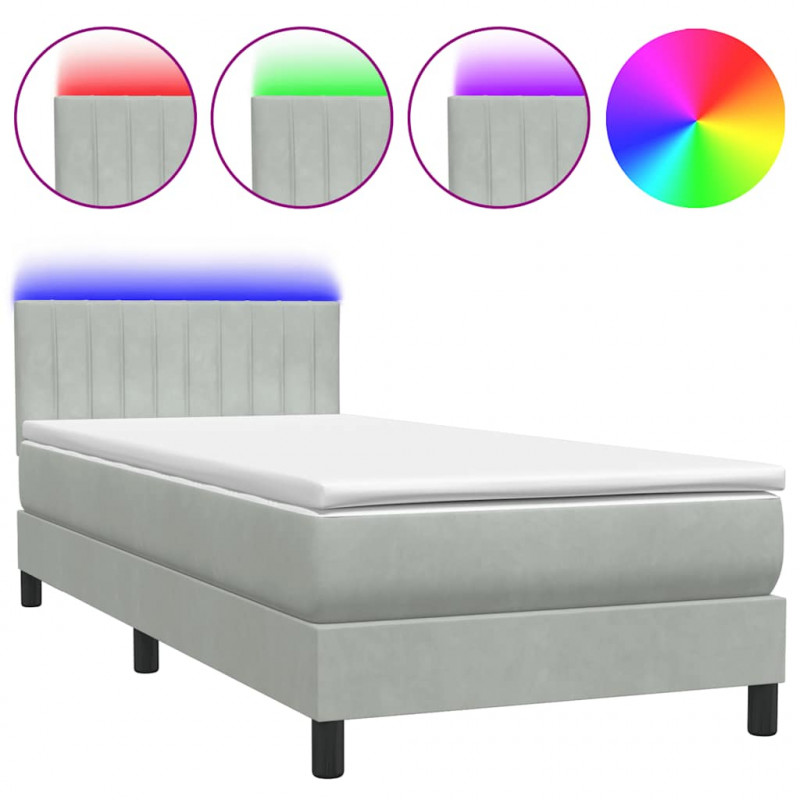 Łóżko kontynentalne z materacem i LED, jasnoszare, aksamit, 100x210cm