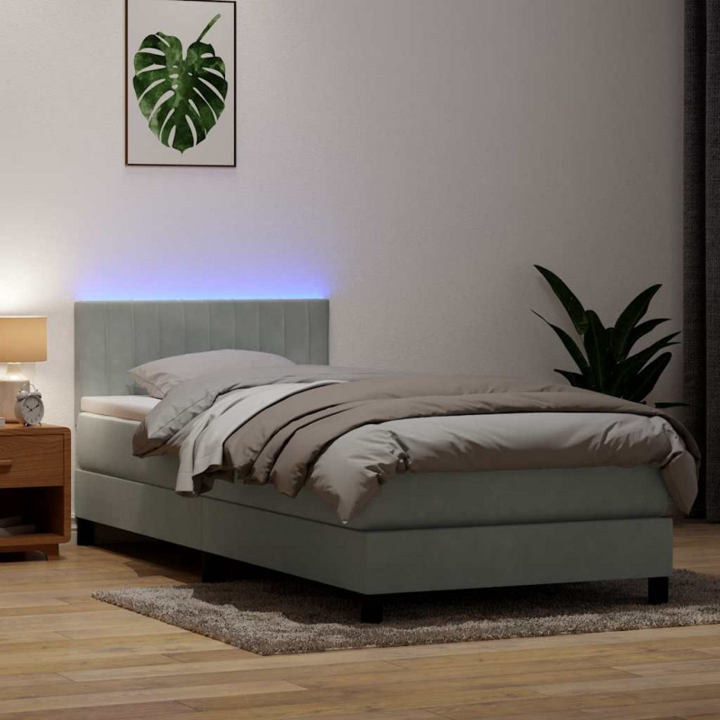 Łóżko kontynentalne z materacem i LED, jasnoszare, aksamit, 100x220cm