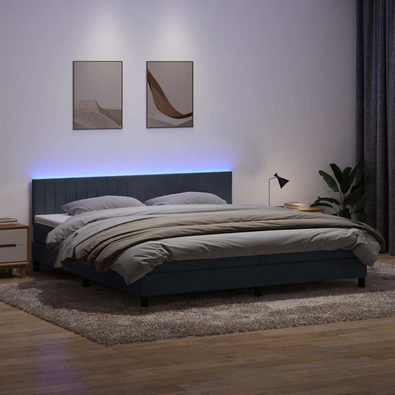 Łóżko kontynentalne z materacem i LED Ciemnoszary 200x220cm Aksamit