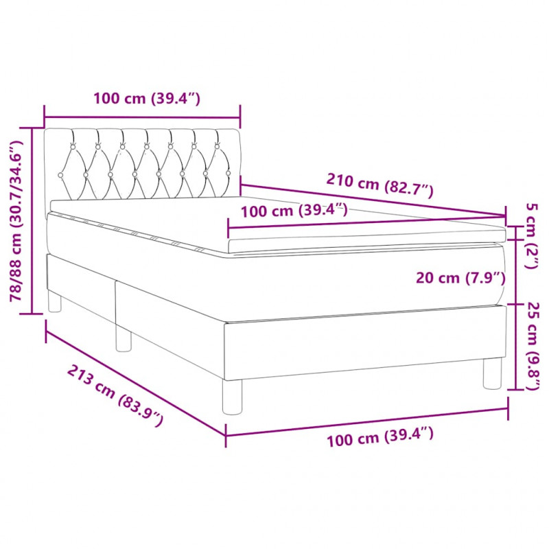 Łóżko kontynentalne z materacem i LED, ciemnoszary aksamit, 100x210cm