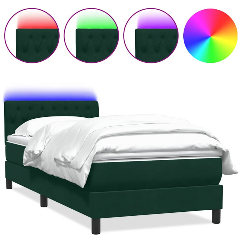 Łóżko kontynentalne z materacem i LED, ciemnozielone, 90x220 cm
