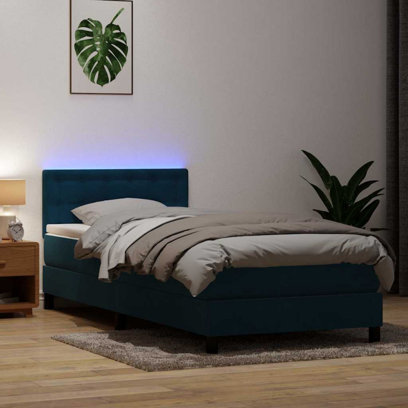 Łóżko kontynentalne z materacem i LED, ciemnoniebieskie, 100x220 cm