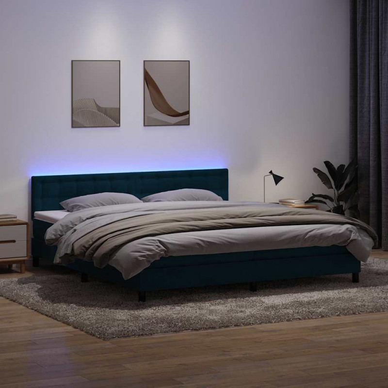 Łóżko kontynentalne z materacem i LED Ciemnoniebieski 200x220 cm
