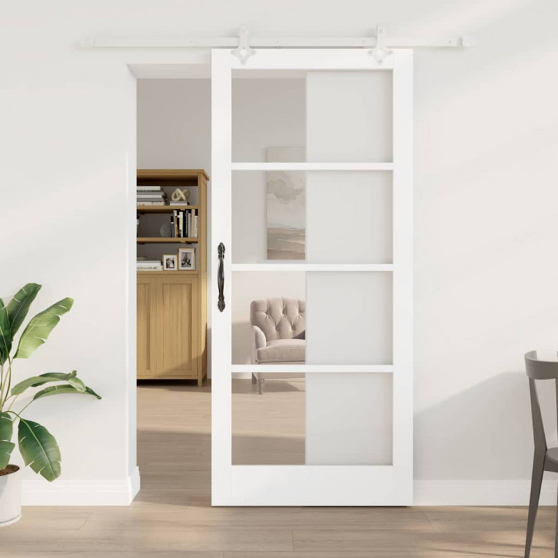 Drzwi przesuwne Biały 93 x 211 cm Lite drewno sosnowe i szkło