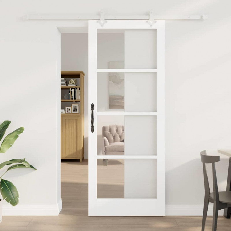 Drzwi przesuwne Biały 83 x 211 cm Lite drewno sosnowe i szkło