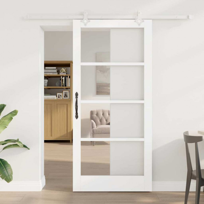 Drzwi przesuwne Biały 93 x 202 cm Lite drewno sosnowe i szkło
