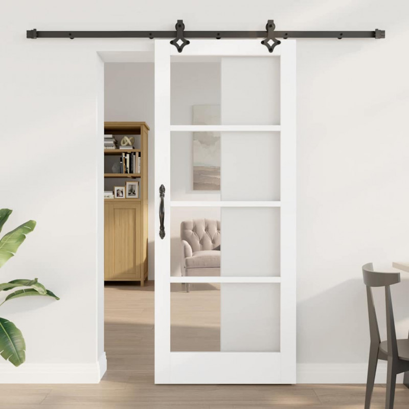 Drzwi przesuwne Biały 83 x 202 cm Lite drewno sosnowe i szkło