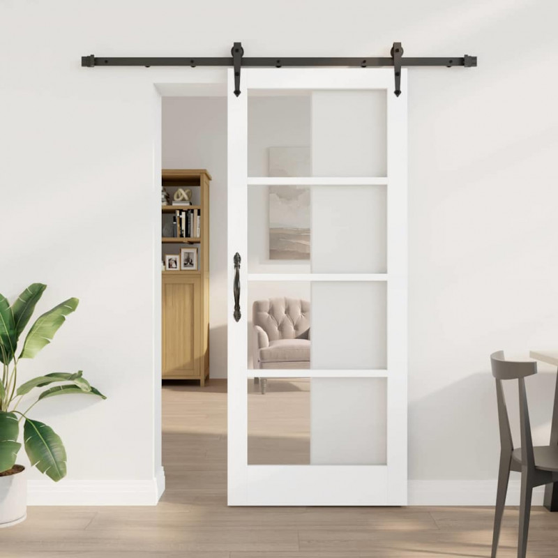 Drzwi przesuwne Biały 83 x 202 cm Lite drewno sosnowe i szkło
