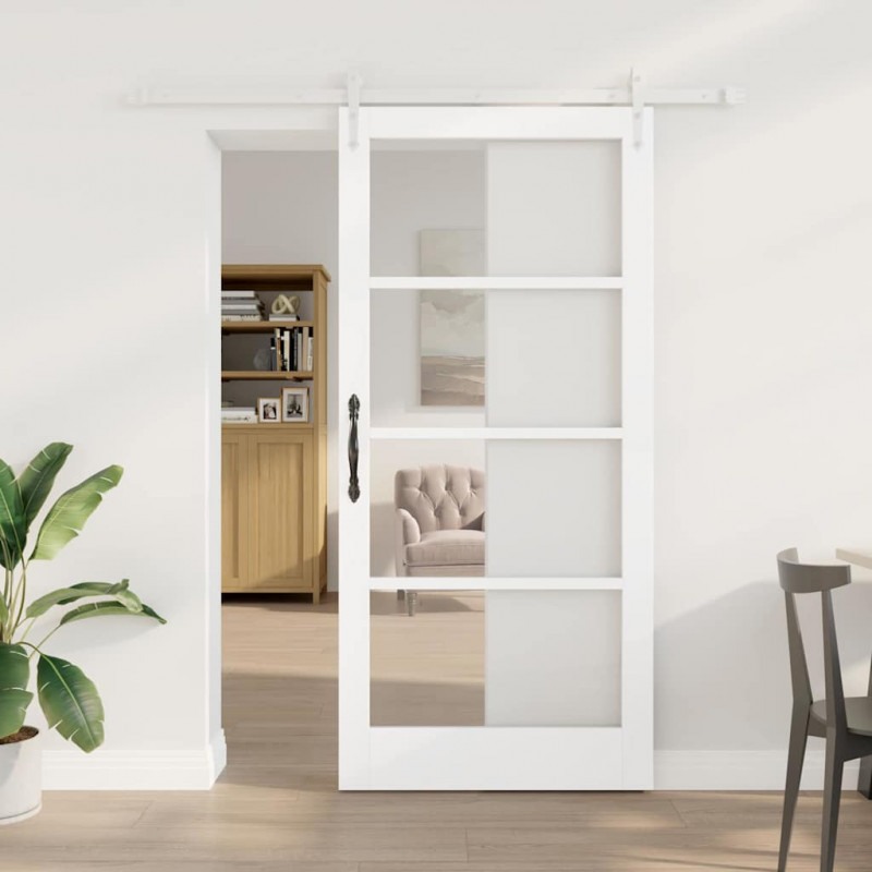 Drzwi przesuwne Biały 93 x 202 cm Lite drewno sosnowe i szkło