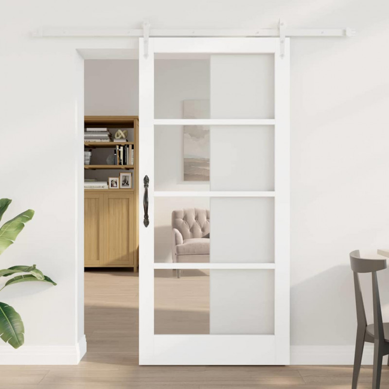 Drzwi przesuwne Biały 93 x 202 cm Lite drewno sosnowe i szkło