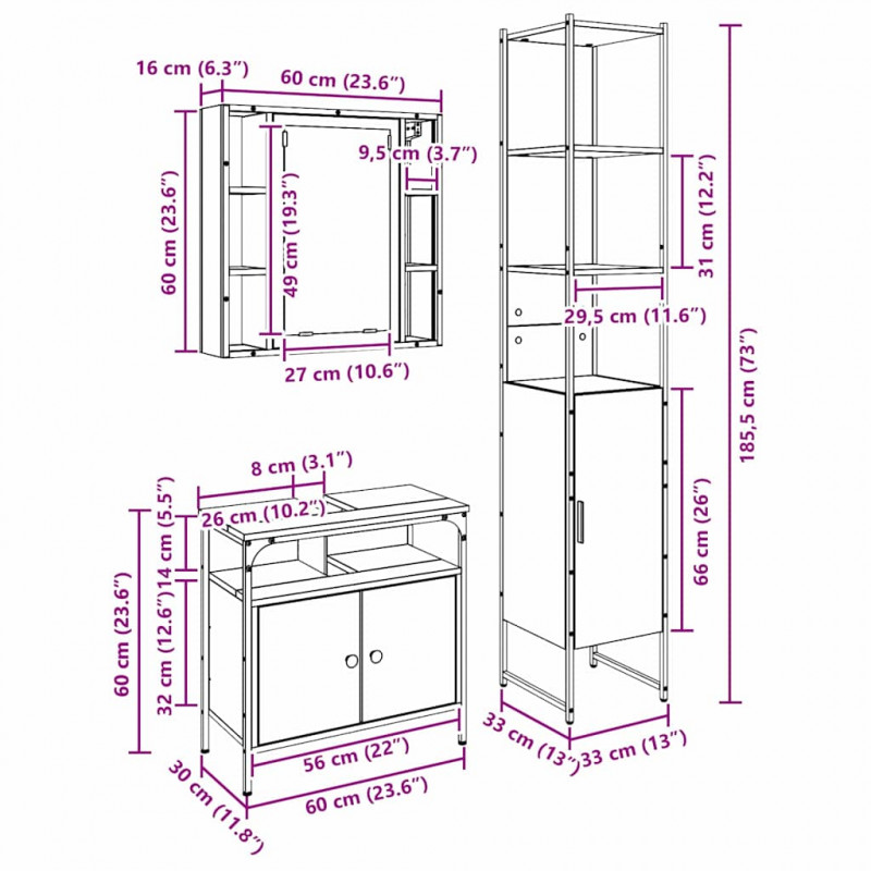 Zestaw mebli łazienkowych z półką z drzwiami 3 pcs Stare drewno