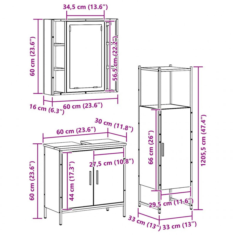 Zestaw mebli łazienkowych 3 pcs Brązowy Materiał drewnopochodny