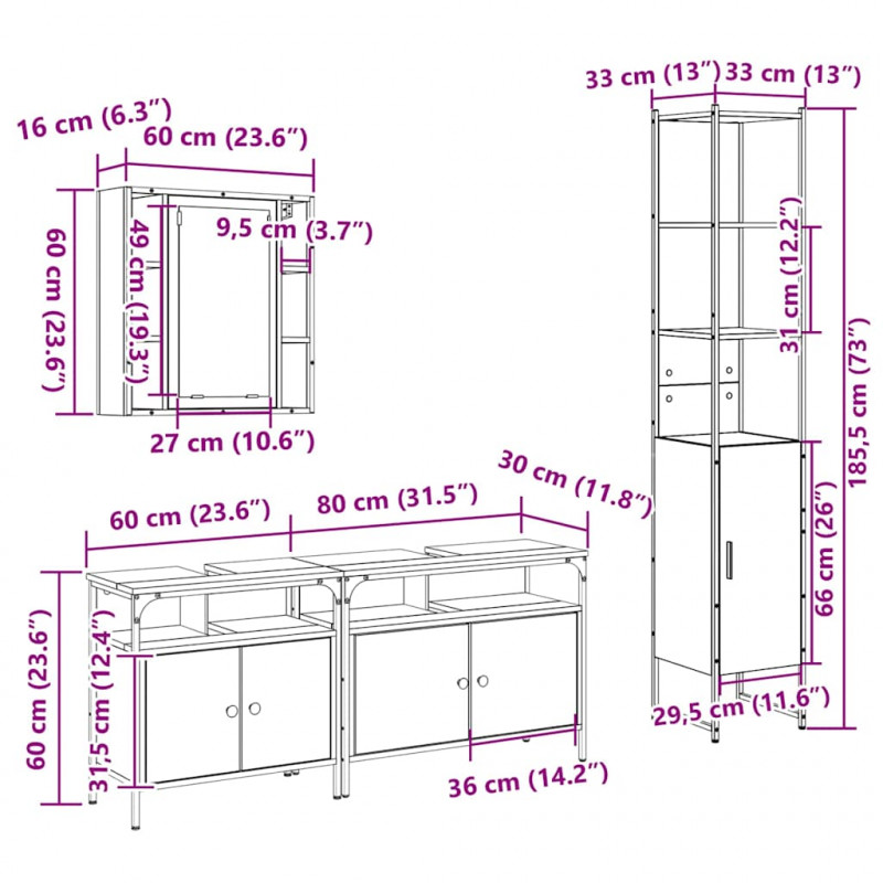 Zestaw mebli łazienkowych z półką z drzwiami 4 pcs Stare drewno