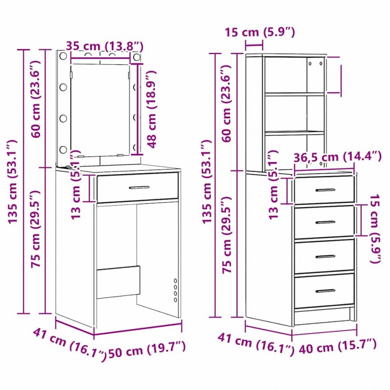 Toaletka 2 pcs Brązowy 50 x 41 x 135 cm Materiał drewnopochodny