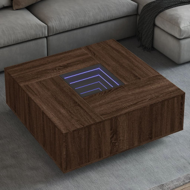 Stolik kawowy z LED Infinity, brązowy dąb, 100x100x40 cm
