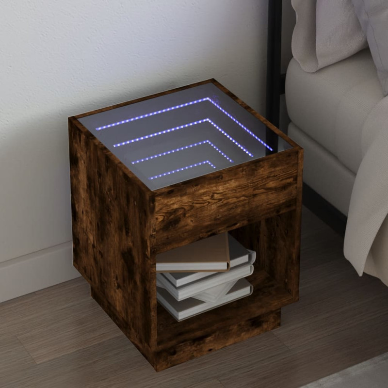 Stolik nocny z LED Infinity, przydymiony dąb, 40x40x50 cm