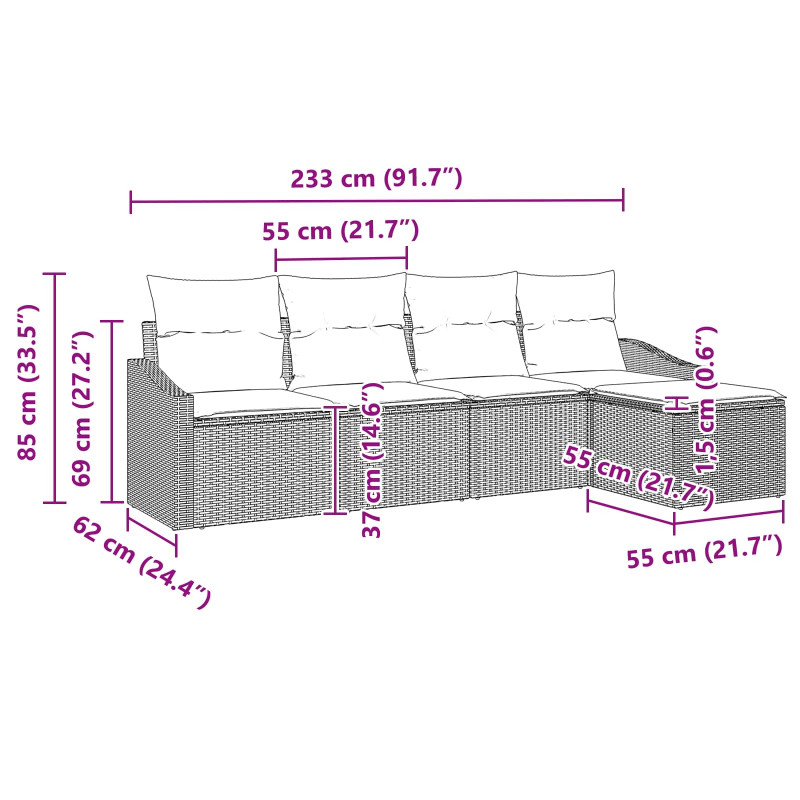Zestaw Sof z poduszką 5 pcs Szary i granatowy polirattan