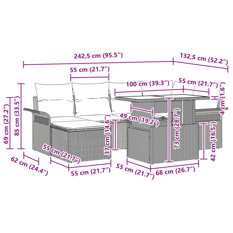 Zestaw Sof na Ogród z poduszką 7 pcs Brązowy Rattan poli