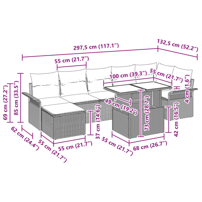 Zestaw Sof na Ogród z poduszką 8 pcs Czarny Rattan poli