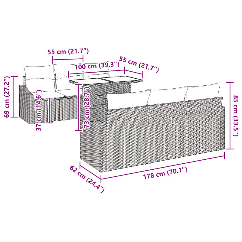 Zestaw Sof na Ogród z poduszką 7 pcs Szary polirattan