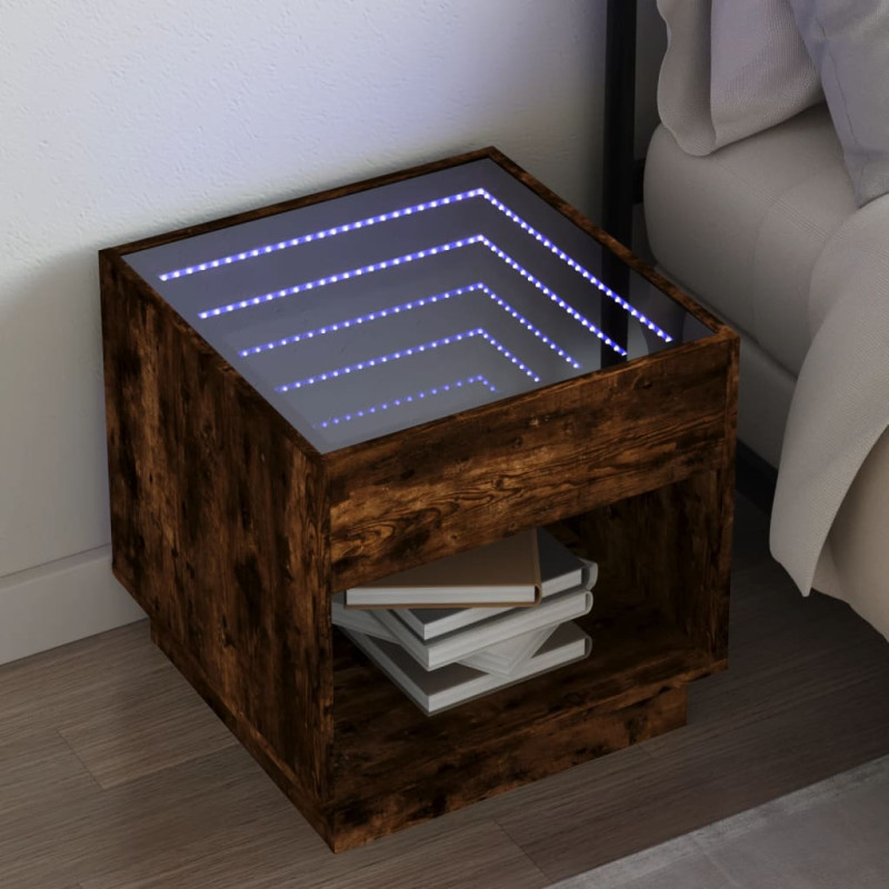 Stolik nocny z LED Infinity, przydymiony dąb, 50x50x50 cm