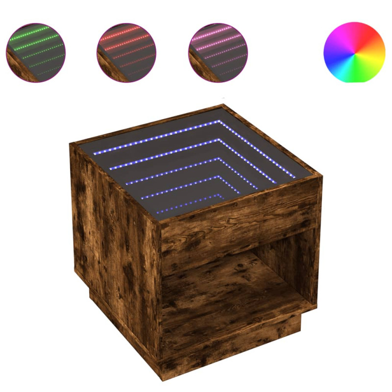 Stolik nocny z LED Infinity, przydymiony dąb, 50x50x50 cm