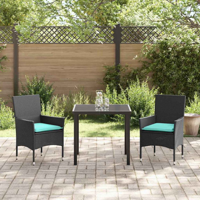 Zestaw stół i krzesła z poduszką 3 pcs Czarny Rattan PE