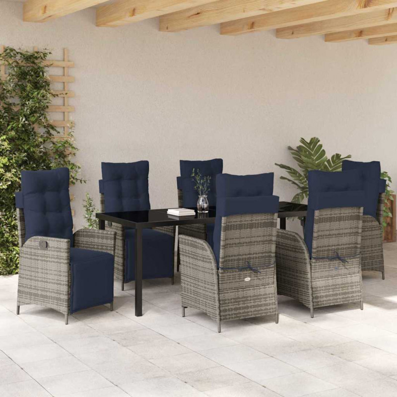 Zestaw do jadalni w ogrodzie 7 pcs Szary i czarny rattan