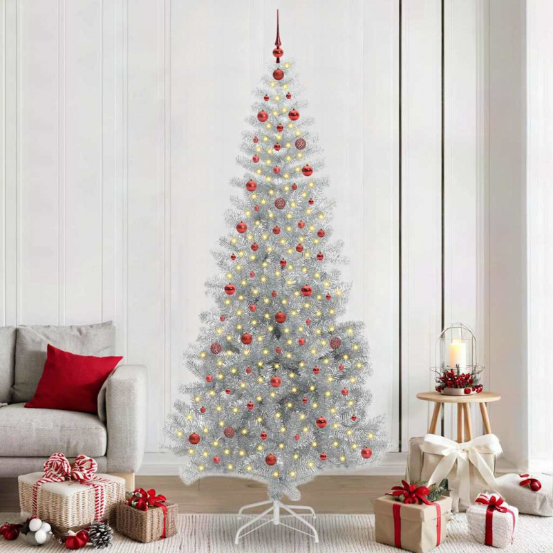 Choinka z 300 diodami LED z podstawą Srebrny 240 cm PET