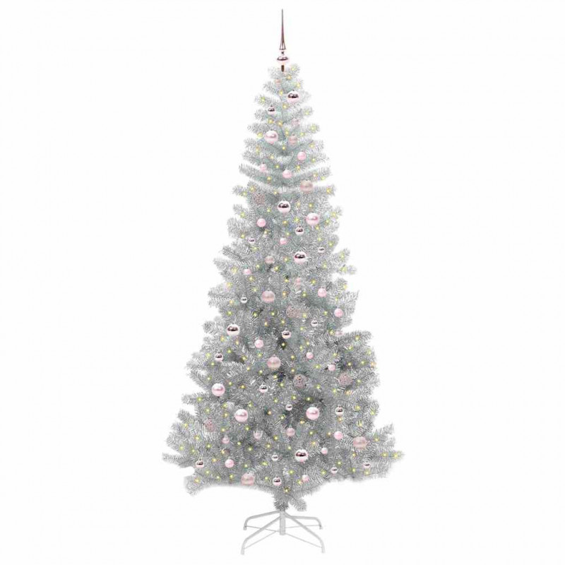 Choinka z 300 diodami LED z podstawą Srebrny 240 cm PET