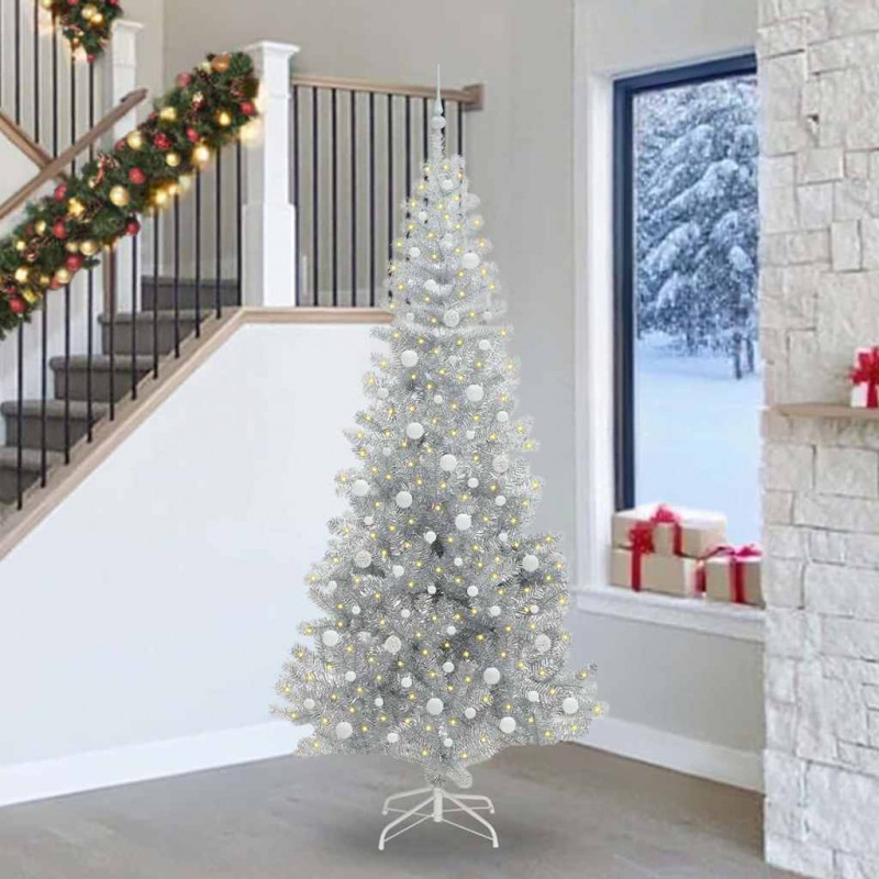 Choinka z 300 diodami LED z podstawą Srebrny 240 cm PET