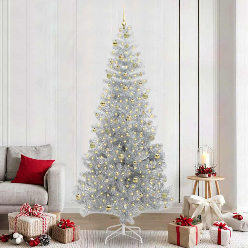 Choinka z 300 diodami LED z podstawą Srebrny 240 cm PET