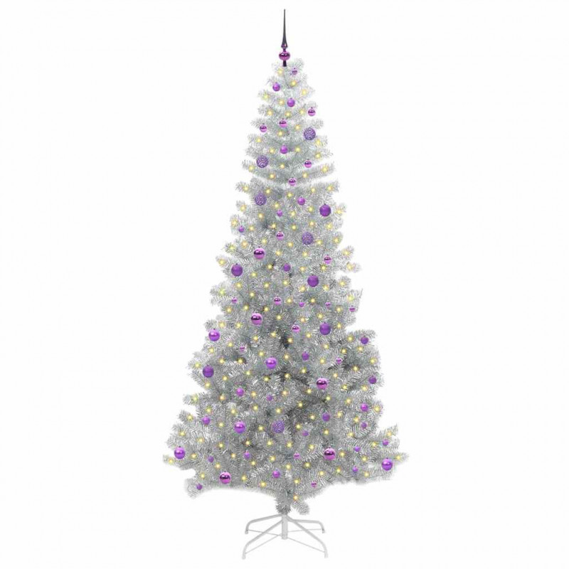 Choinka z 300 diodami LED z podstawą Srebrny 240 cm PET