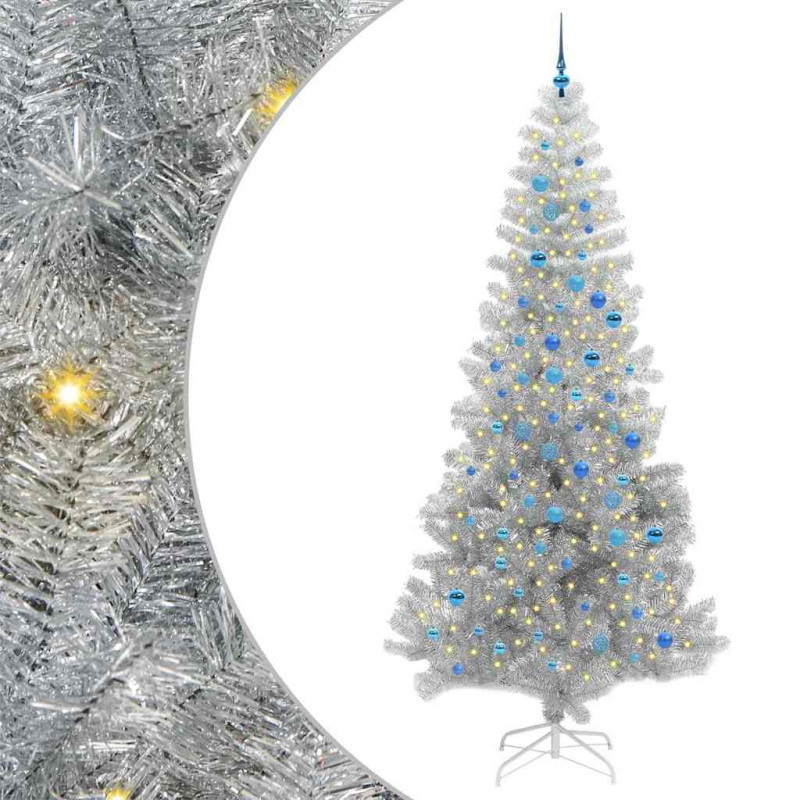 Choinka z 300 diodami LED z podstawą Srebrny 240 cm PET