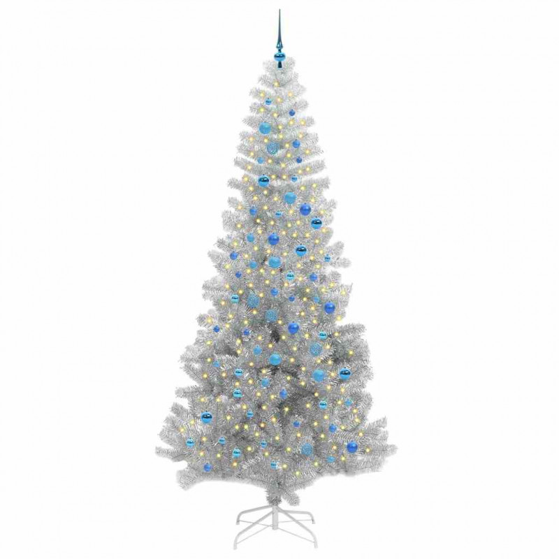 Choinka z 300 diodami LED z podstawą Srebrny 240 cm PET